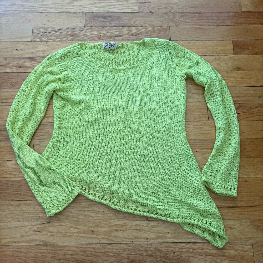 Vintage Sogi Neon Green Asymmetrical Open Knit Beach Sweater Size Small